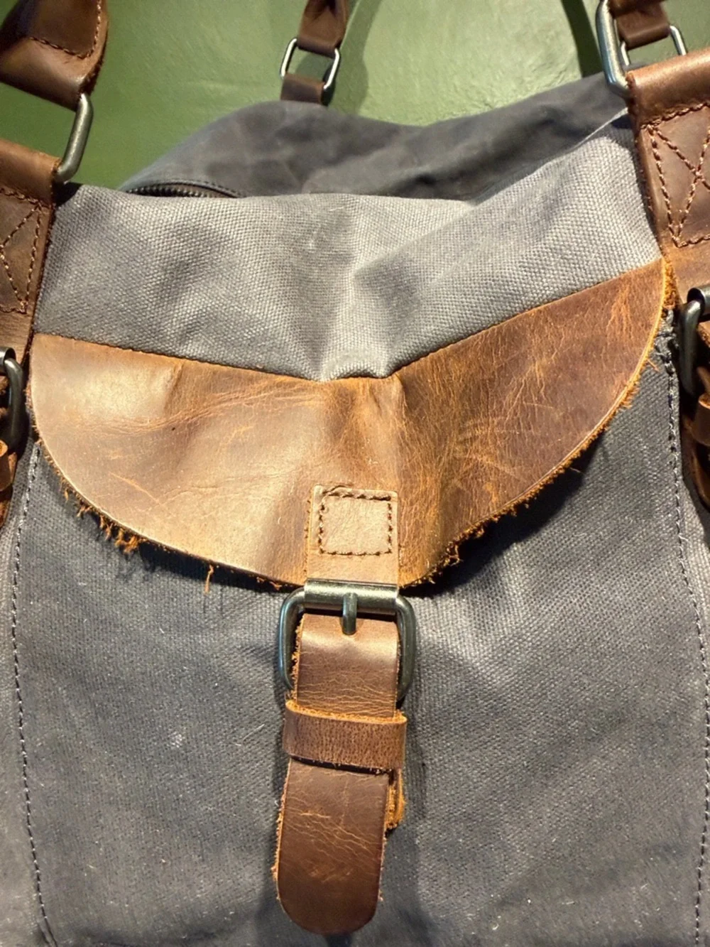 Canvas Duffel Bag with Brown Leather Trim - Gray